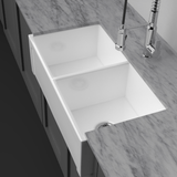33" Umber Handcrafted Fireclay Double-Bowl Framed Apron Farmhouse Sink - White
