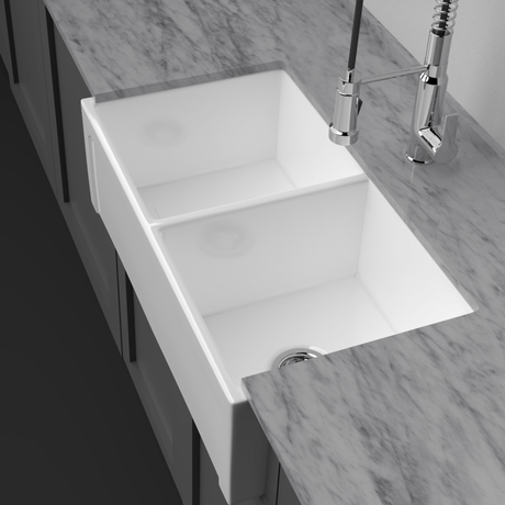 33" Umber Handcrafted Fireclay Double-Bowl Framed Apron Farmhouse Sink - White