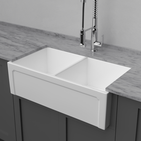 33" Umber Handcrafted Fireclay Double-Bowl Framed Apron Farmhouse Sink - White