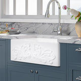 33" Una Handcrafted Fireclay Single-Bowl Foliage Apron Farmhouse B-Grade Sink - White