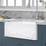 33" Una Handcrafted Fireclay Single-Bowl Foliage Apron Farmhouse B-Grade Sink - White