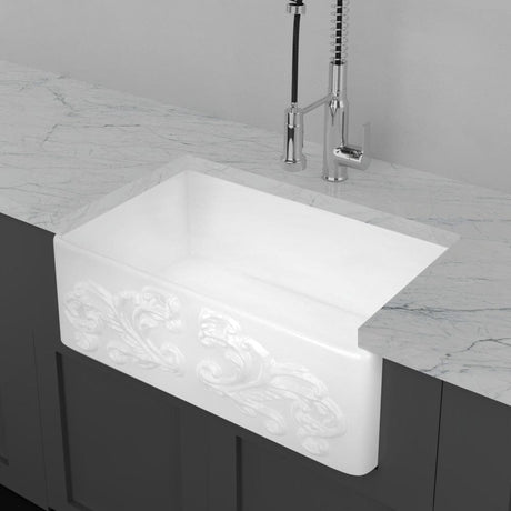 33" Una Handcrafted Fireclay Single-Bowl Foliage Apron Farmhouse B-Grade Sink - White