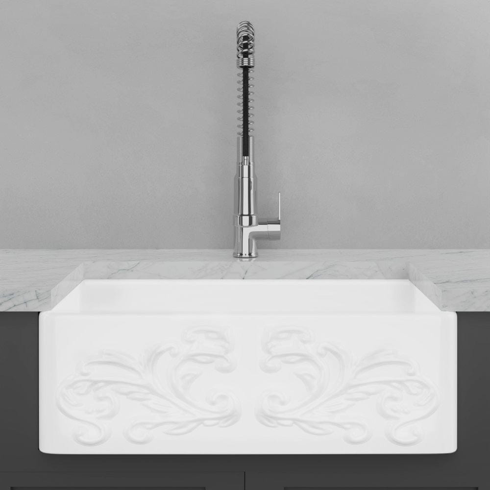 33" Una Handcrafted Fireclay Single-Bowl Foliage Apron Farmhouse B-Grade Sink - White