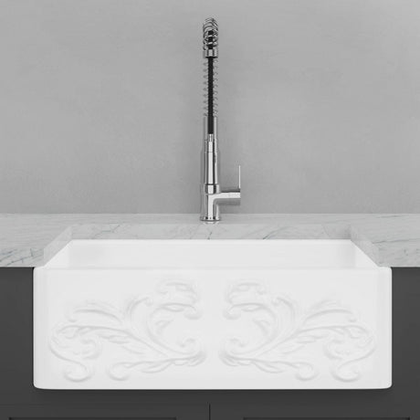 33" Una Handcrafted Fireclay Single-Bowl Foliage Apron Farmhouse B-Grade Sink - White