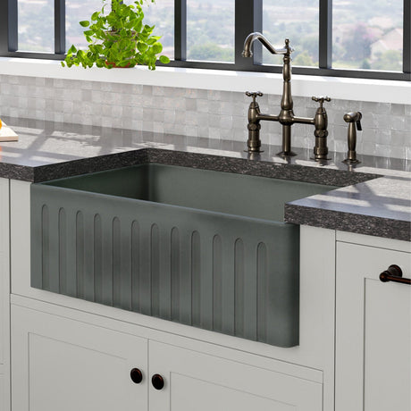 33" Veli Handcrafted Fireclay Single-Bowl Fluted Apron Farmhouse B-Grade Sink - Concrete