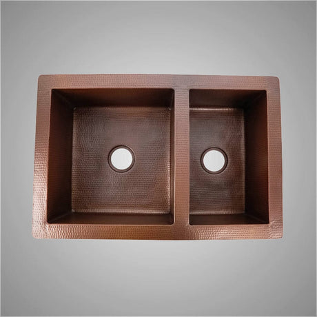 33" Veracruz Hammered Copper 60/40 Offset Double-Bowl Drop-In Kitchen Sink