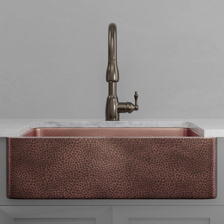 33" Verdin Single Bowl Hammered Copper Farmhouse Sink - Antique Copper Interior with Dark Copper Exterior