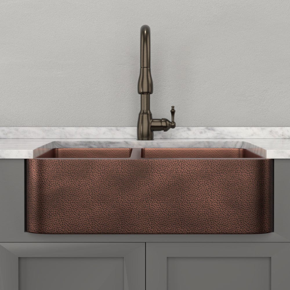 33" Viki 60/40 Hammered Copper Farmhouse Sink - Antique Copper Interior with Dark Copper Exterior