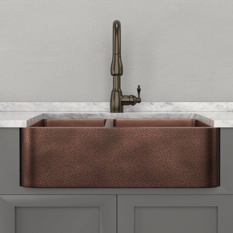 33" Viki 60/40 Hammered Copper Farmhouse Sink - Antique Copper Interior with Dark Copper Exterior