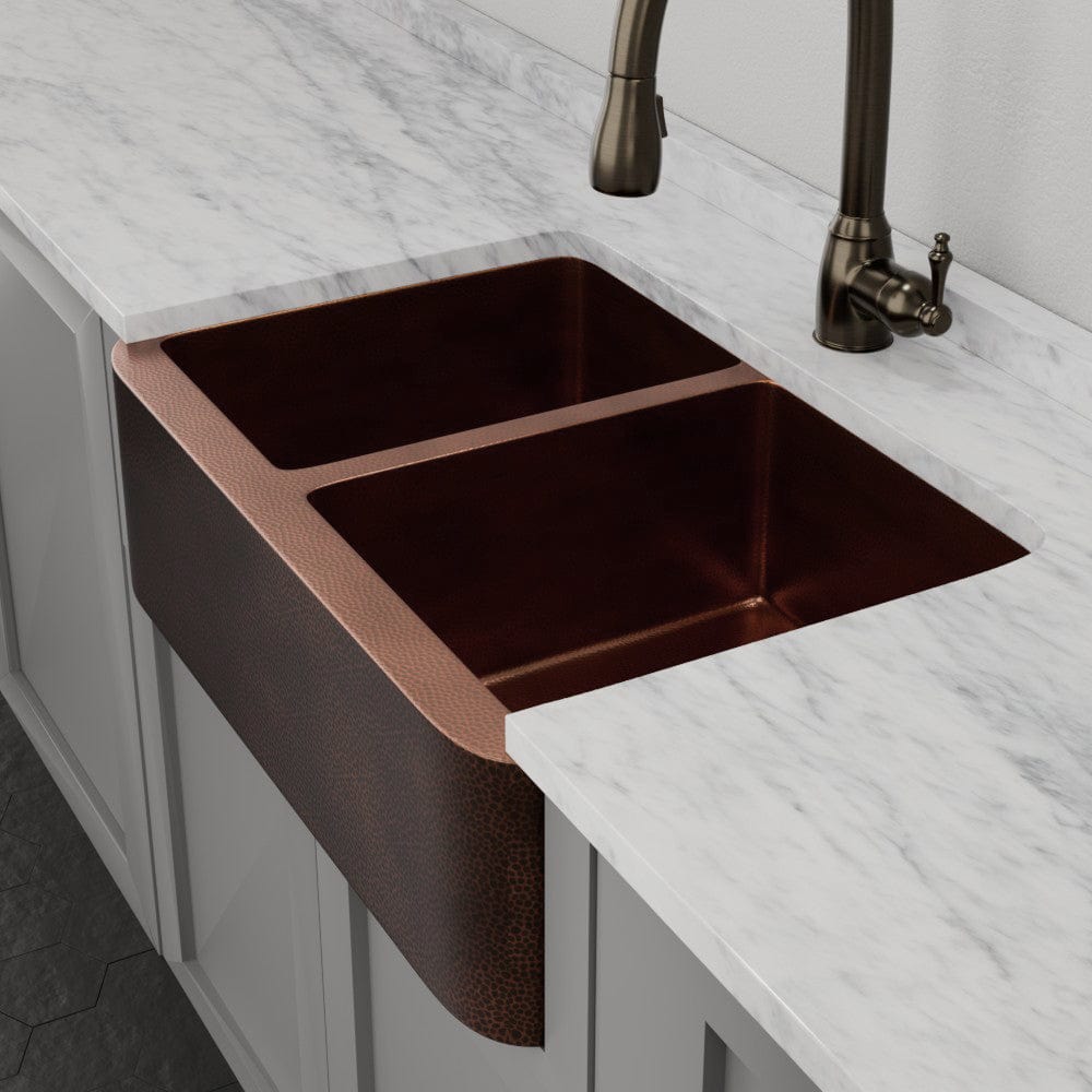 33" Viki 60/40 Hammered Copper Farmhouse Sink - Antique Copper Interior with Dark Copper Exterior