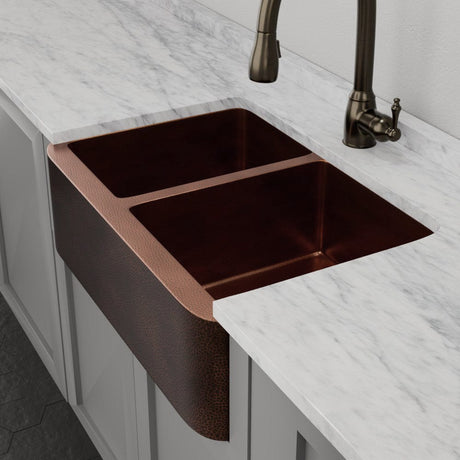 33" Viki 60/40 Hammered Copper Farmhouse Sink - Antique Copper Interior with Dark Copper Exterior