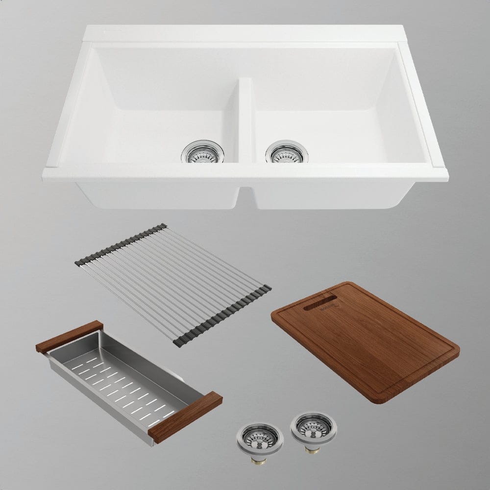 34" Shay Double-Bowl Granite Composite Workstation Sink with HPL Covers