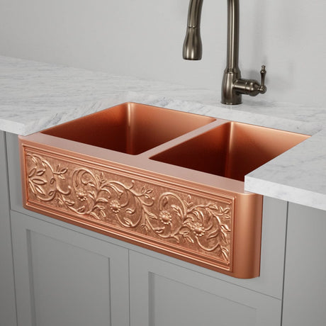 36" Ashland Copper Vine Design 60/40 Offset Double-Bowl Farmhouse Sink