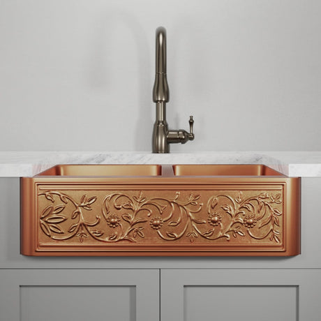 36" Ashland Copper Vine Design 60/40 Offset Double-Bowl Farmhouse Sink