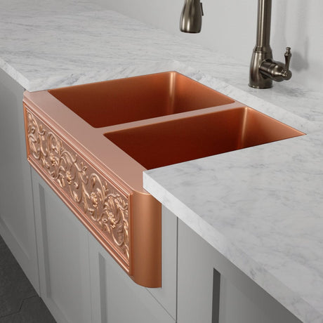 36" Ashland Copper Vine Design 60/40 Offset Double-Bowl Farmhouse Sink