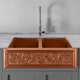 36" Ashland Copper Vine Design Double-Bowl Farmhouse Sink