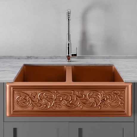 36" Ashland Copper Vine Design Double-Bowl Farmhouse Sink