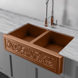36" Ashland Copper Vine Design Double-Bowl Farmhouse Sink