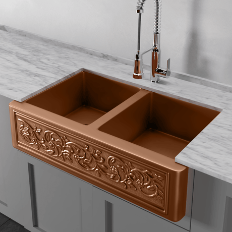 36" Ashland Copper Vine Design Double-Bowl Farmhouse Sink