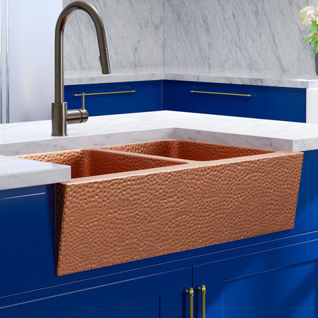 36" Atoka Hammered Copper 60/40 Offset Double-Bowl Farmhouse Sink