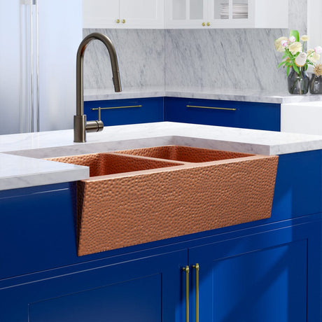 36" Atoka Hammered Copper 60/40 Offset Double-Bowl Farmhouse Sink