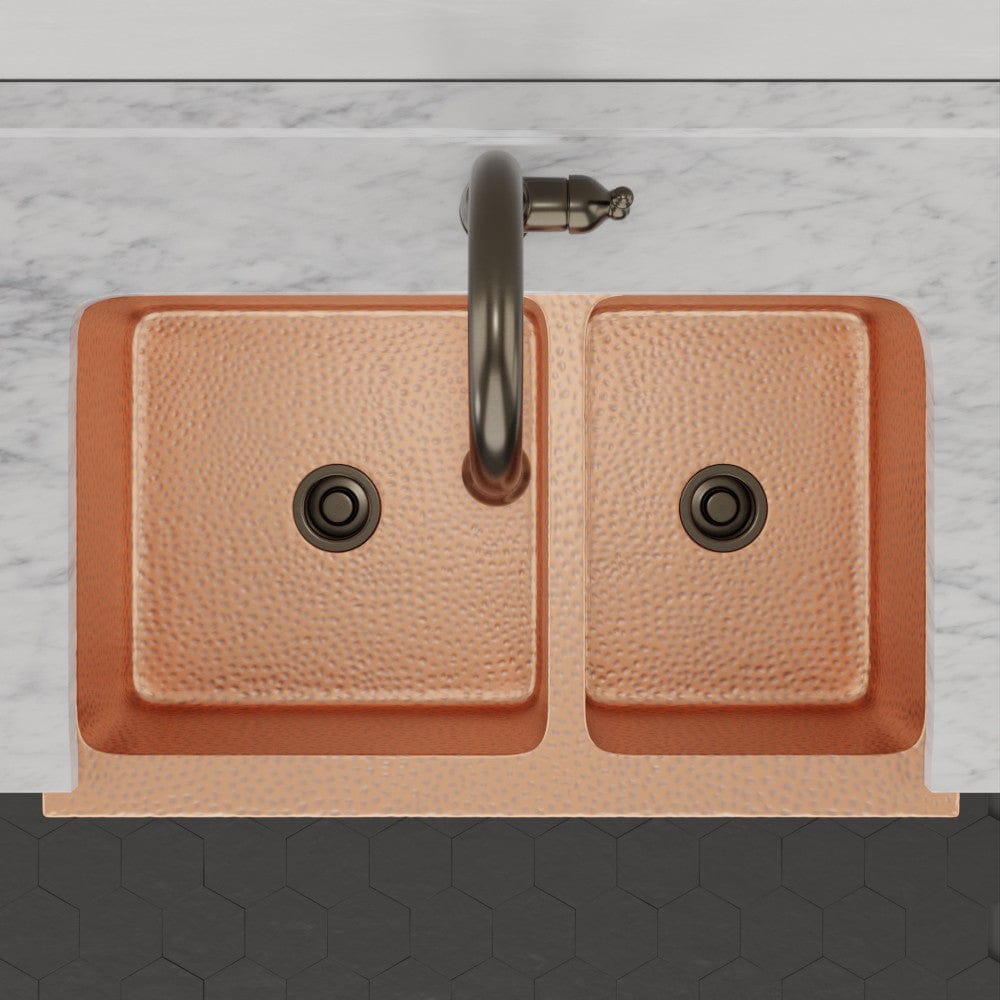 36" Atoka Hammered Copper 60/40 Offset Double-Bowl Farmhouse Sink