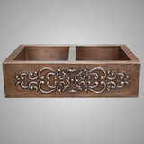 36" Bordenham Hammered Copper Double-Bowl Farmhouse Sink with Scrolled Apron