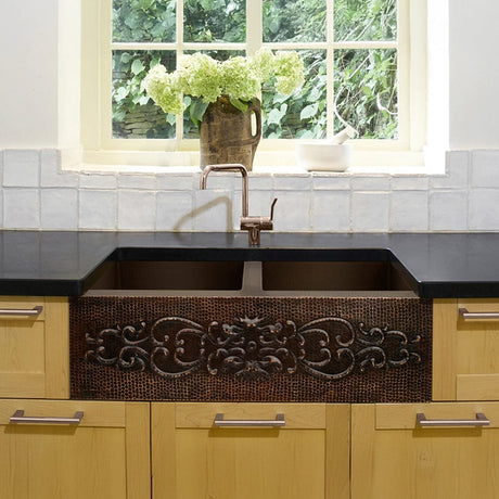 36" Bordenham Hammered Copper Double-Bowl Farmhouse Sink with Scrolled Apron