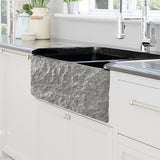 36" Buford Polished Black Granite 60/40 Offset Double-Bowl Farmhouse Sink - Chiseled Apron