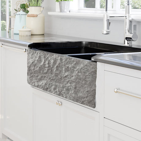 36" Buford Polished Black Granite 60/40 Offset Double-Bowl Farmhouse Sink - Chiseled Apron