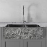 36" Buford Polished Black Granite 60/40 Offset Double-Bowl Farmhouse Sink - Chiseled Apron