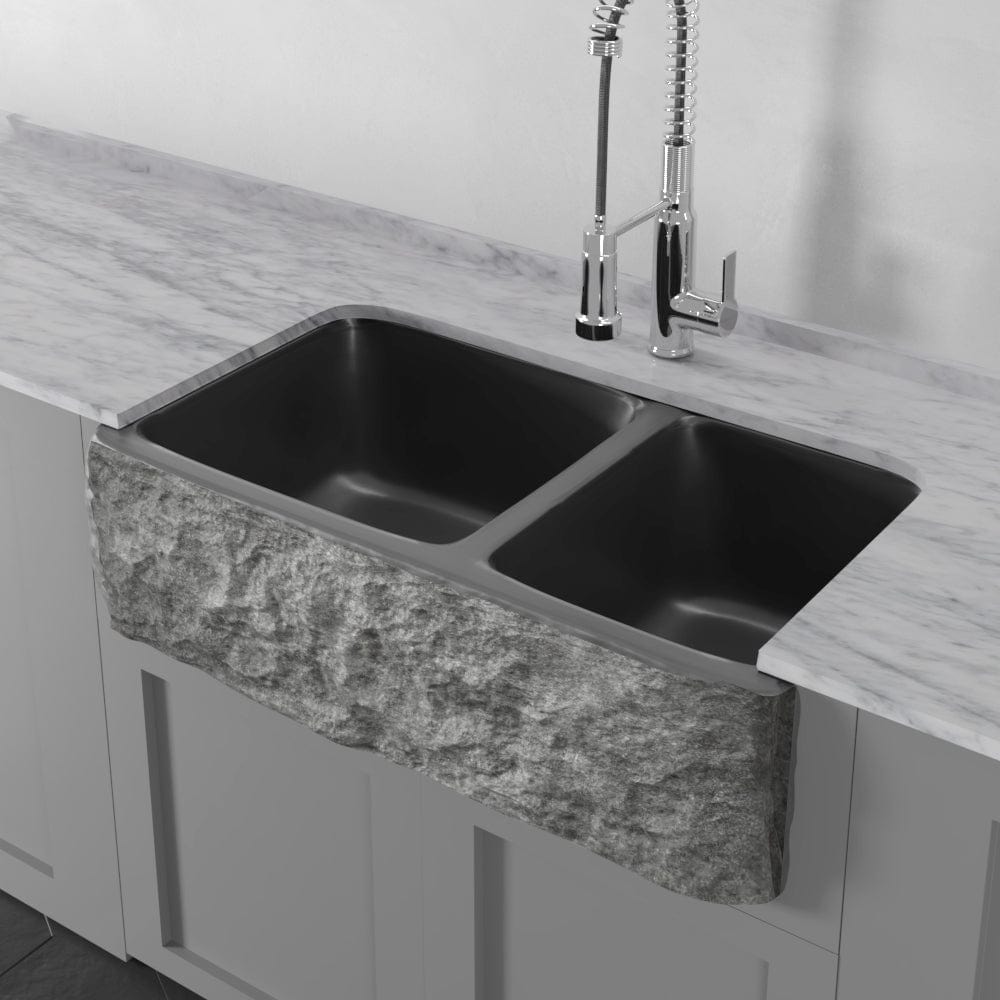 36" Buford Polished Black Granite 60/40 Offset Double-Bowl Farmhouse Sink - Chiseled Apron