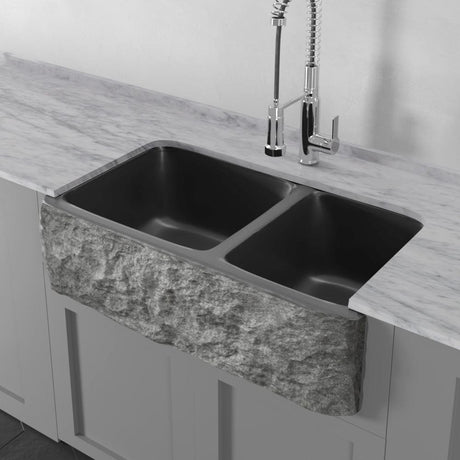 36" Buford Polished Black Granite 60/40 Offset Double-Bowl Farmhouse Sink - Chiseled Apron
