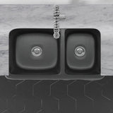 36" Buford Polished Black Granite 60/40 Offset Double-Bowl Farmhouse Sink - Chiseled Apron