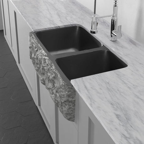 36" Buford Polished Black Granite 60/40 Offset Double-Bowl Farmhouse Sink - Chiseled Apron