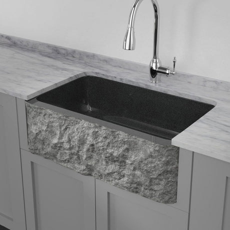 36" Buford Polished Black Granite Single-Bowl Farmhouse Sink - Chiseled Apron