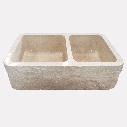 36" Burwell Polished Egyptian Cream Marble 60/40 Offset Double-Bowl Farmhouse Sink - Chiseled Apron