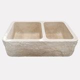 36" Burwell Polished Egyptian Cream Marble 60/40 Offset Double-Bowl Farmhouse Sink - Chiseled Apron