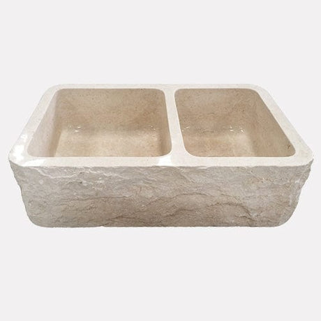 36" Burwell Polished Egyptian Cream Marble 60/40 Offset Double-Bowl Farmhouse Sink - Chiseled Apron
