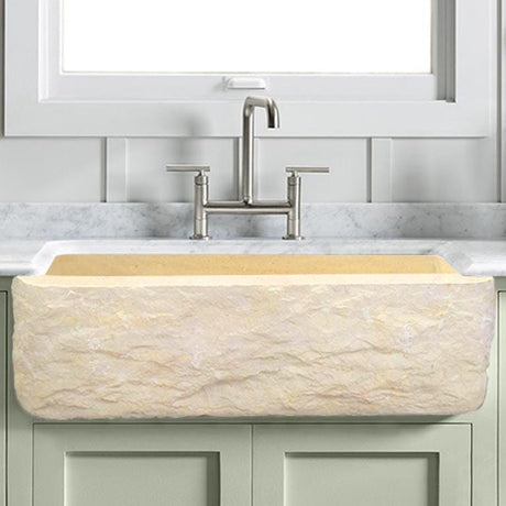 36" Burwell Polished Egyptian Cream Marble Single-Bowl Farmhouse Sink - Chiseled Apron