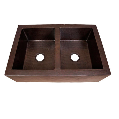 36" Ezeran Hammered Copper Double-Bowl Farmhouse Sink