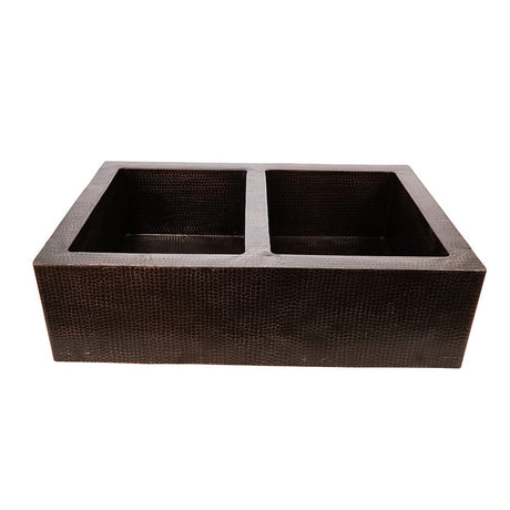 36" Ezeran Hammered Copper Double-Bowl Farmhouse Sink