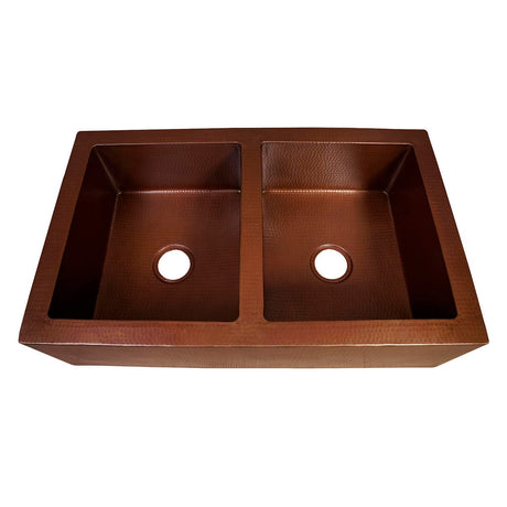 36" Ezeran Hammered Copper Double-Bowl Farmhouse Sink