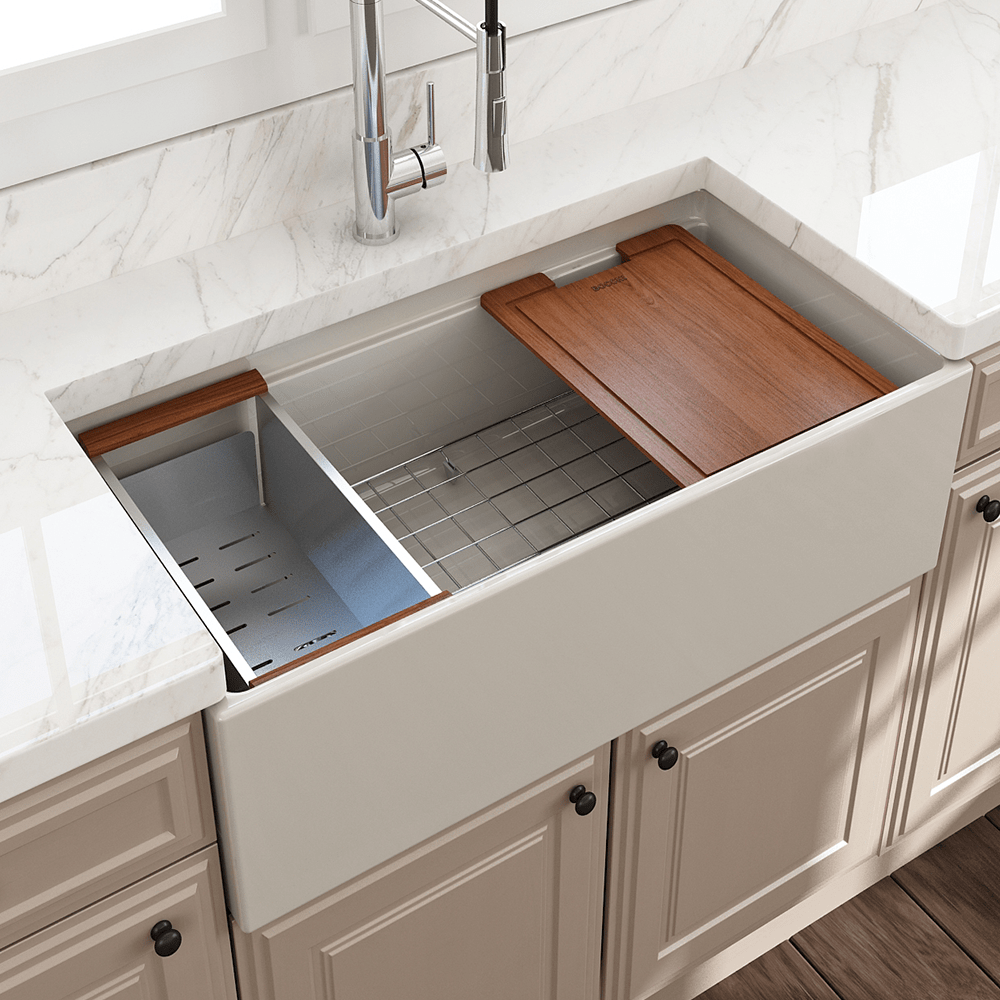 36" Fulton Fireclay Single-Bowl Workstation Farmhouse Sink with Offset Drain