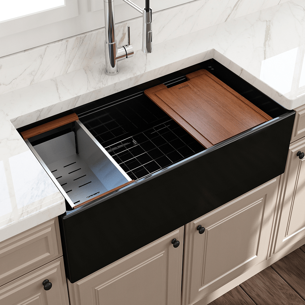 36" Fulton Fireclay Single-Bowl Workstation Farmhouse Sink with Offset Drain