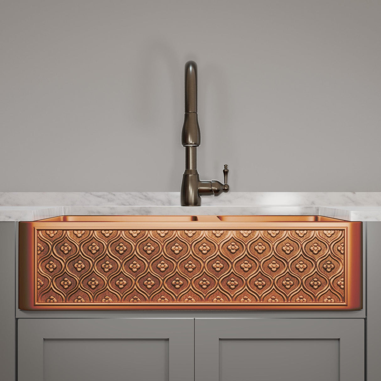 36" Gancher Copper Embossed Floral Design 60/40 Double-Bowl Farmhouse Sink