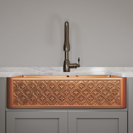 36" Gancher Copper Embossed Floral Design 60/40 Double-Bowl Farmhouse Sink