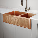36" Ganston Copper Embossed Weave Design 60/40 Double-Bowl Farmhouse Sink