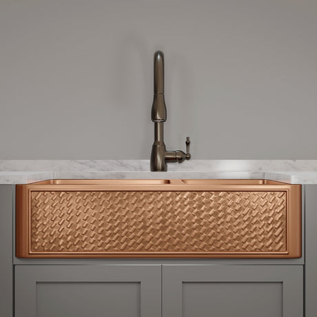 36" Ganston Copper Embossed Weave Design 60/40 Double-Bowl Farmhouse Sink