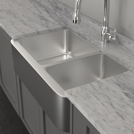 36" Glenway 60/40 Double-Bowl Stainless Steel Farmhouse Sink - Matte Hammered Steel